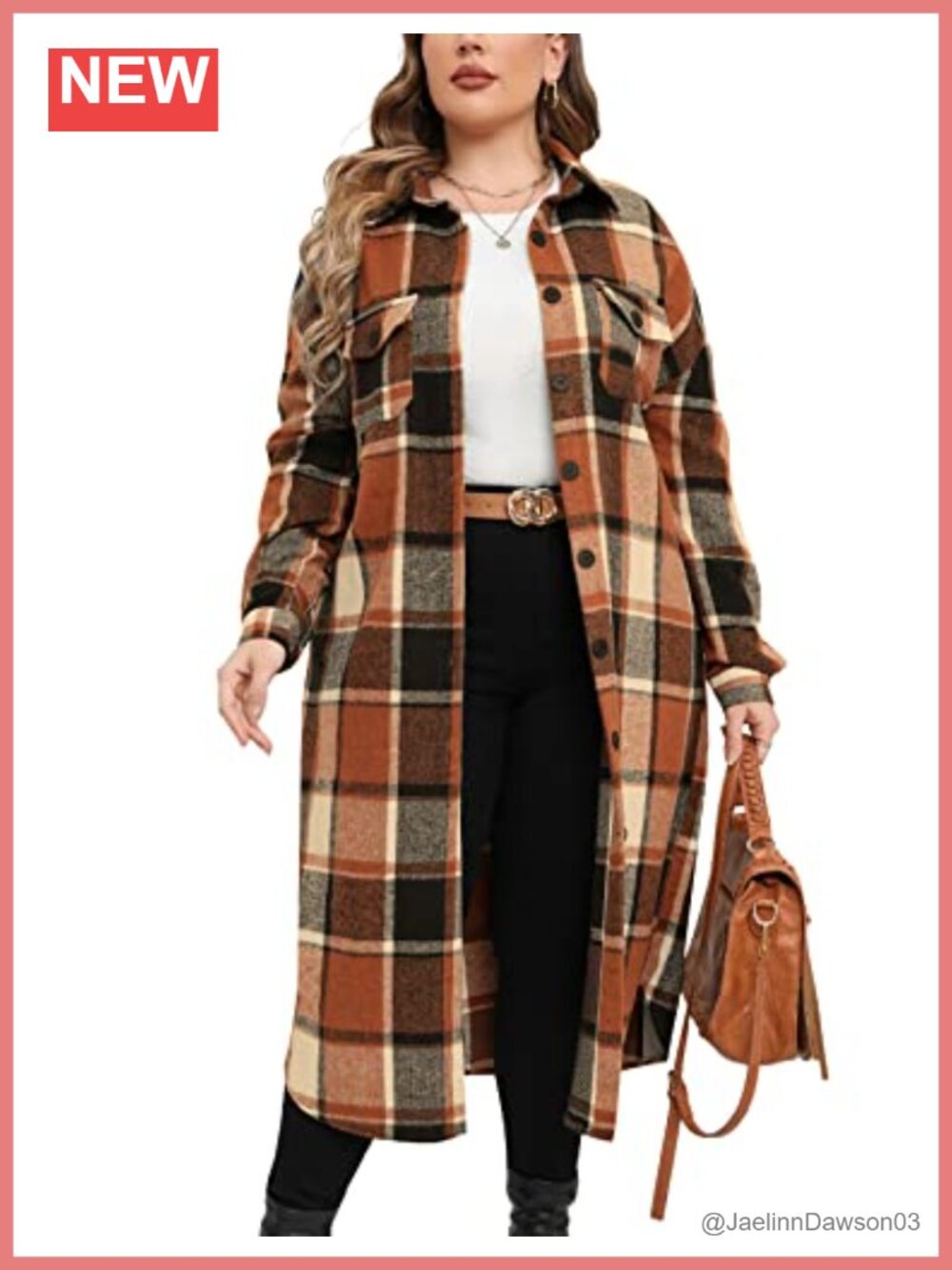 Plus Size Long Flannel Plaid Shacket Button Down Calf Length Overcoat